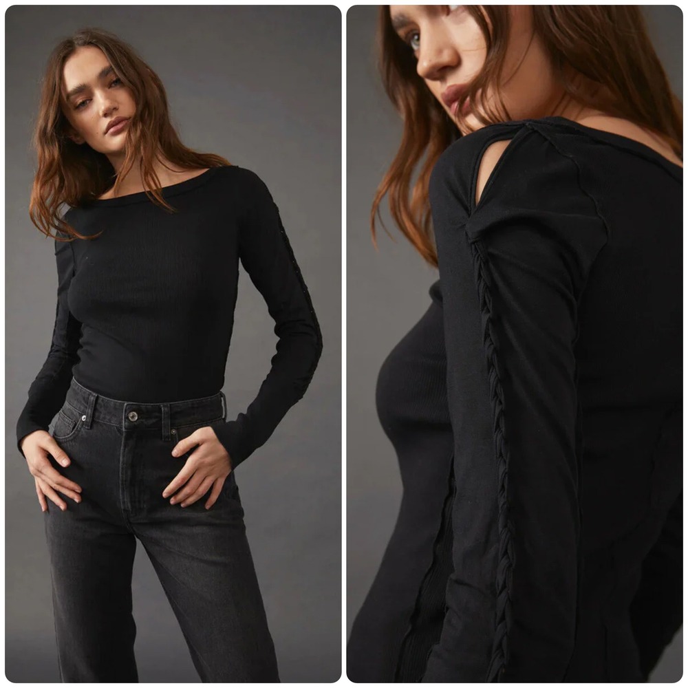 We The Free Free People Womens Black Daisy Chain Cuff Edgy Ribbed Blouse Size S